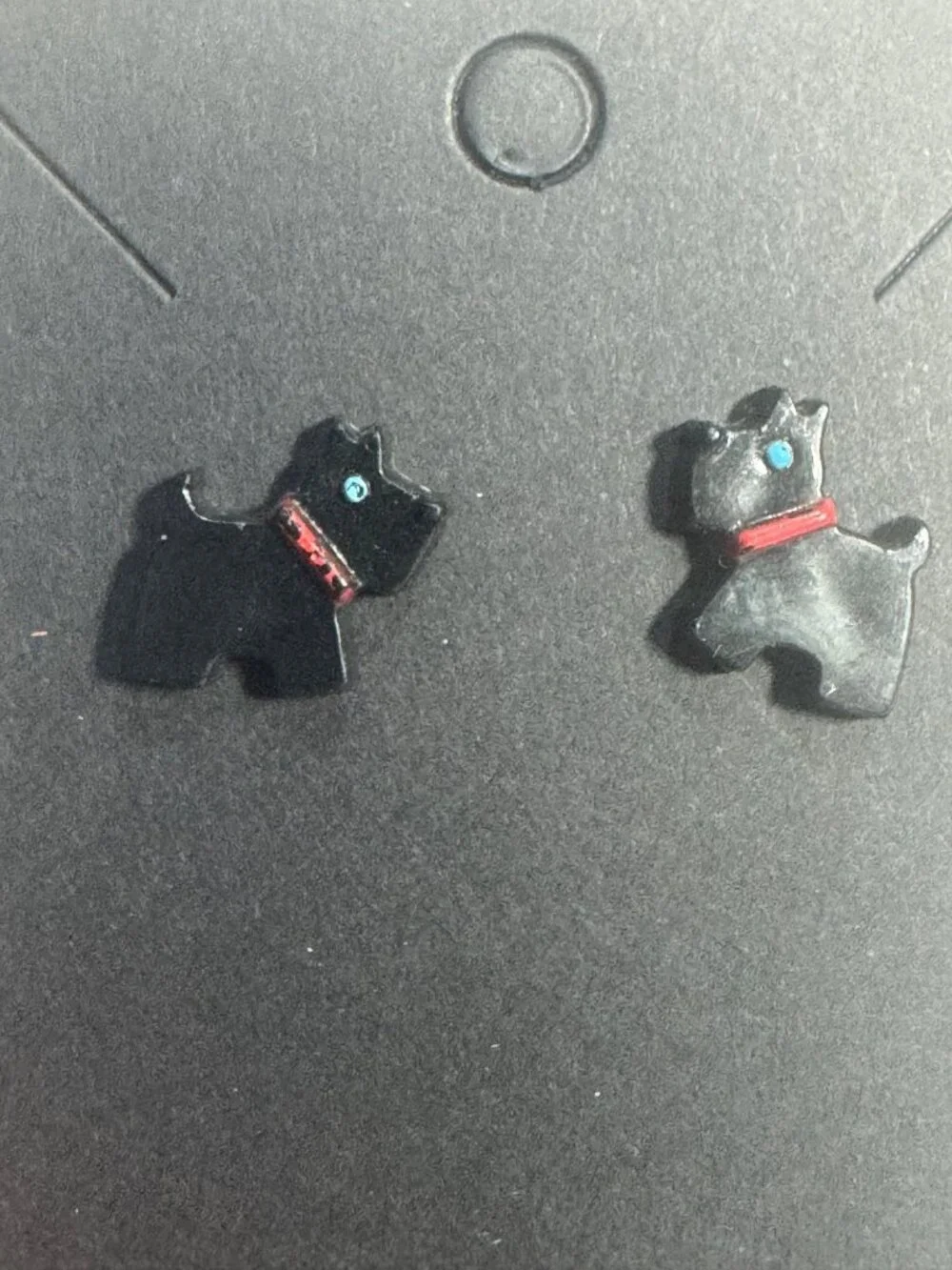 Scottie Dog Earrings Black & Silver Acrylic Red Collar Blue Eye Studs - Picture 3 of 4